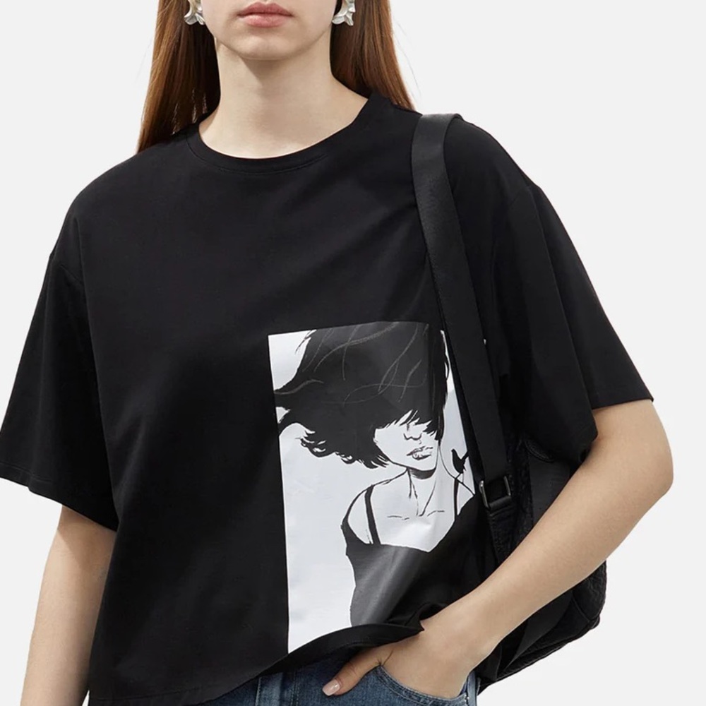 S DEER Anime Print Loose Cropped T-shirt - Black - Small